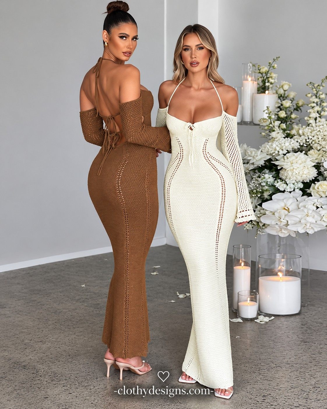 Elegant Sexy Backless Tie Front Maxi Dresses Vestido  title                Women's Off-Shoulder Halter Knit Maxi Dress – Long Sleeve Backless Tie-Front Elegant Evening Dress